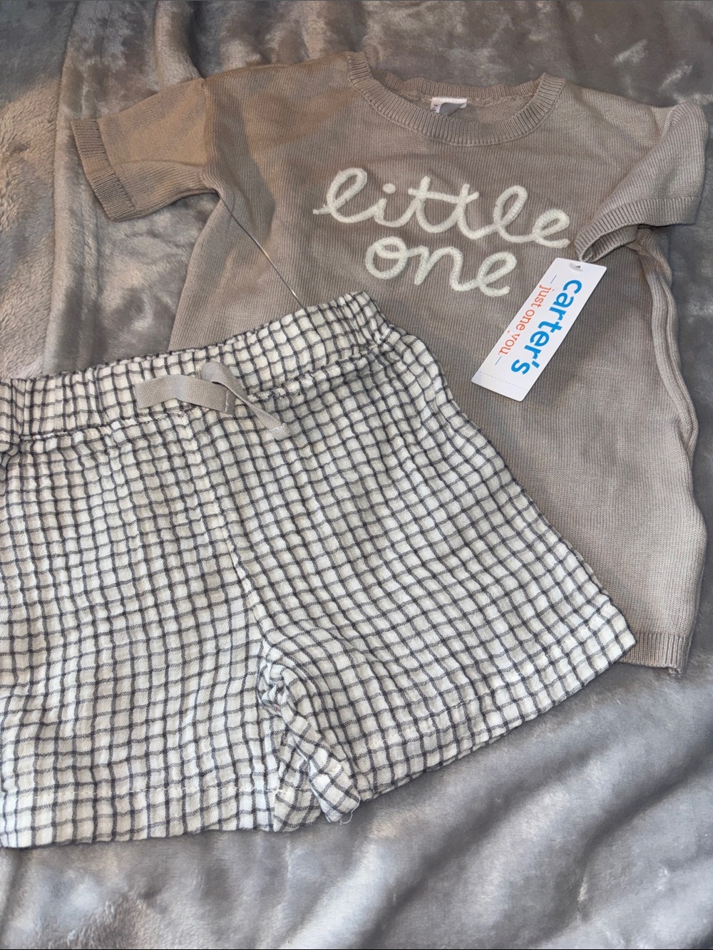 Carter's Taupe Knit 'Little One' Top with Cream & Gray Plaid Shorts